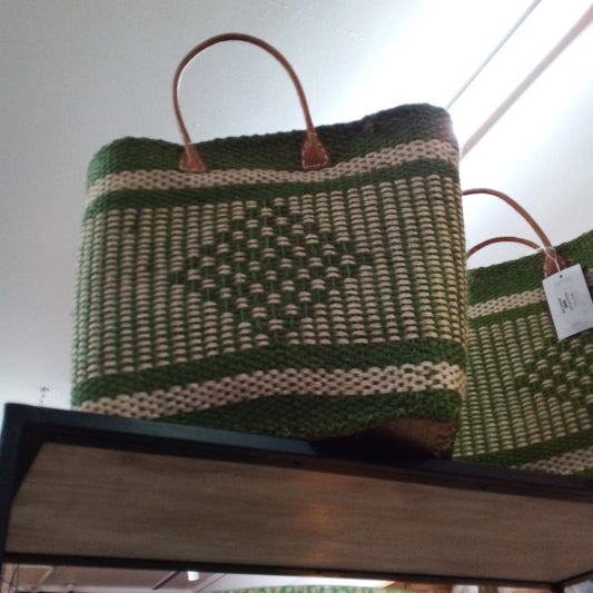 Beach Basket Bag - Green and White