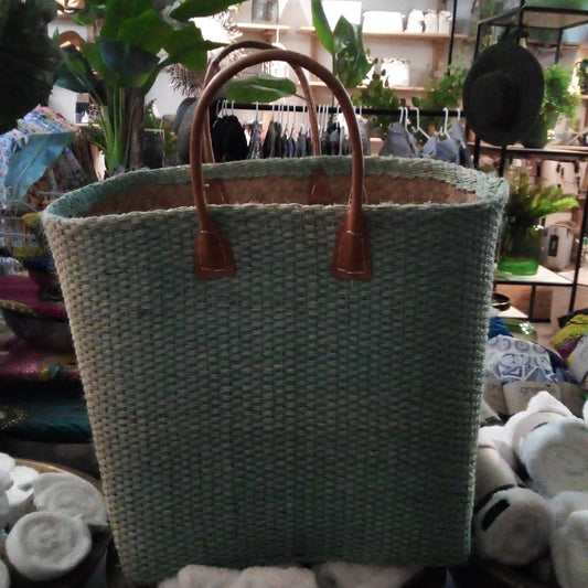 Basket Bag with Leather Handles - Turquiose - Basket - Myth