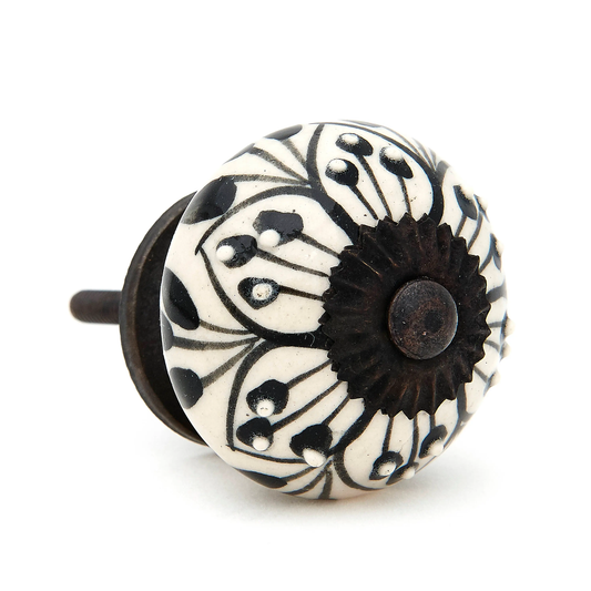 Ceramic Drawer Pull Knob - Black Pattern Design, Off-white background - Ceramic Drawer Knobs - Myth